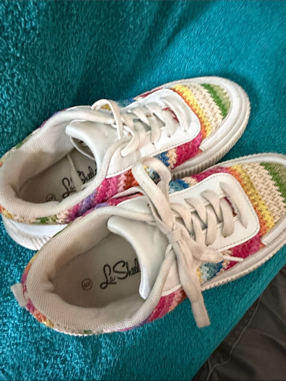 Kids White Sneakers with Multicolor Crochet Panels
